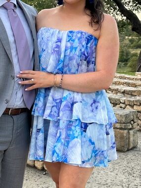 Lulus Saints + Secrets Blue Floral Strapless Tiered Mini Dress